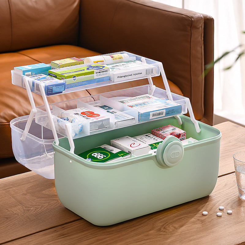 FSPB-011 3Layers Medicine Box with Portable Handle,First Aid Safe Medication Storage Box for Family Use