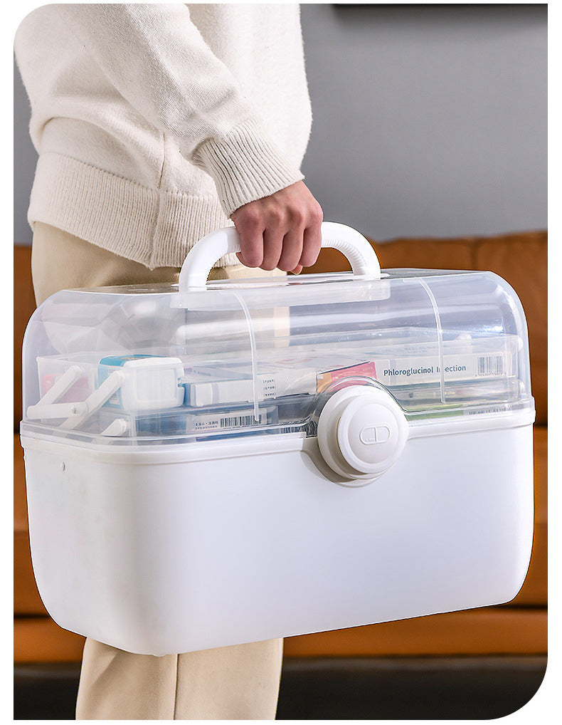 FSPB-011 3Layers Medicine Box with Portable Handle,First Aid Safe Medication Storage Box for Family Use