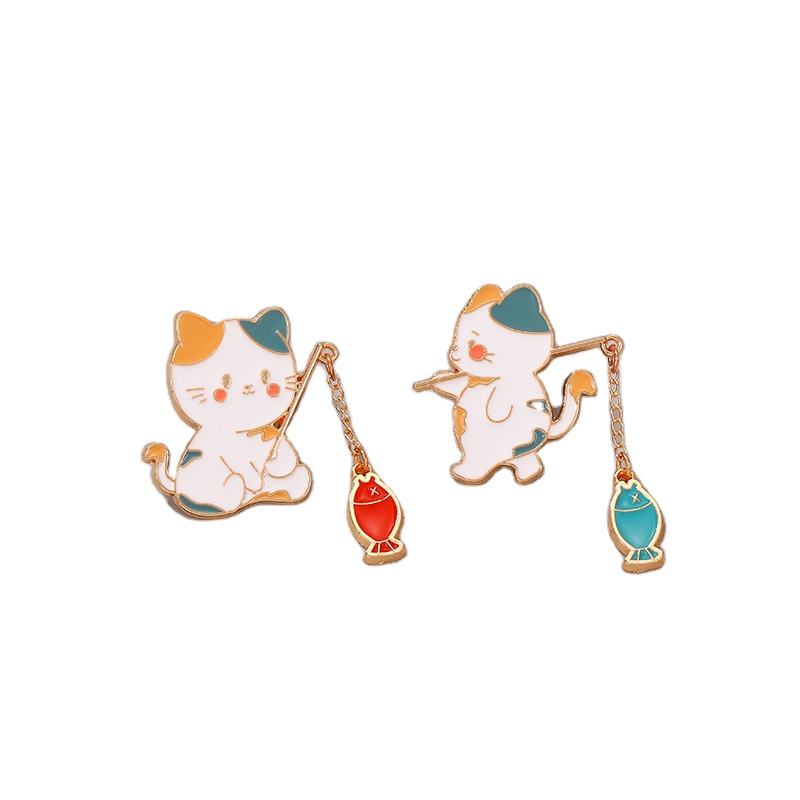 FSLP-004 Fishing Kitty Metal Brooch Cartoon Animal Brooch Pin Badges for Clothing Backpack