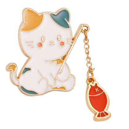 FSLP-004 Fishing Kitty Metal Brooch Cartoon Animal Brooch Pin Badges for Clothing Backpack